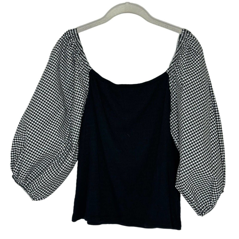 Who Wear What When Where Women's Plaid Puff Sleeve Black Blouse Size L NWT